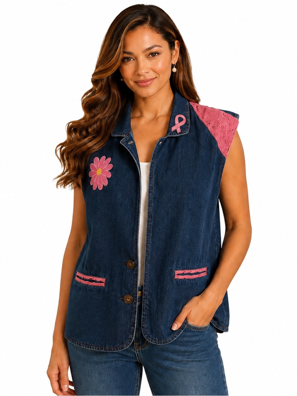 Breast Cancer Awarenesss Dark Wash Denim Vest Patches NWT Pink Blue 1X